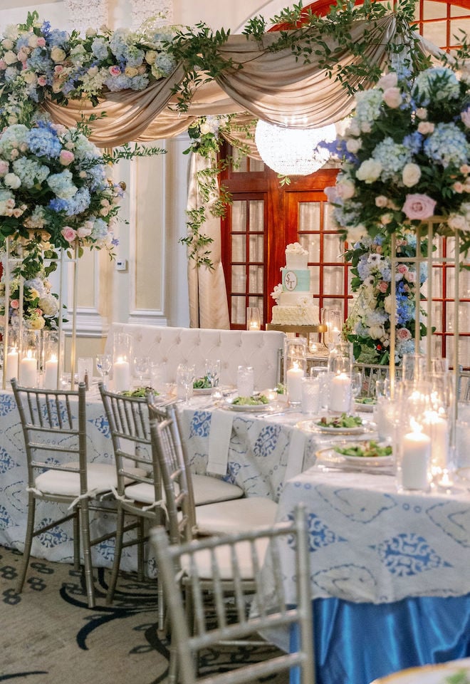 Blue and white linens with floral centerpieces with blue hydrangeas, pink roses and greenery by Plants N' Petals. 
