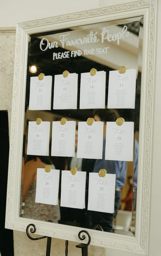 The bride and groom's seating chart is mirrored and framed with the phrase "our favorite people."