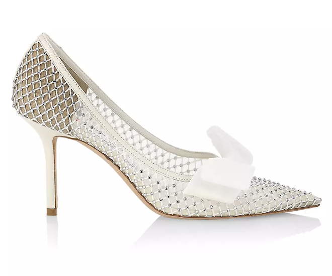 Crystal mesh heels with a white satin bow by Jimmy Choo
