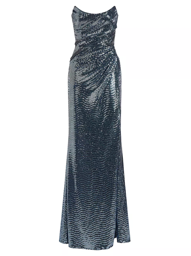 A strapless blue sequin gown by Theia