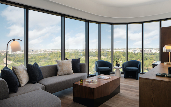 The suite at the Thompson Houston has panoramic views of the Buffalo Bayou Park. 
