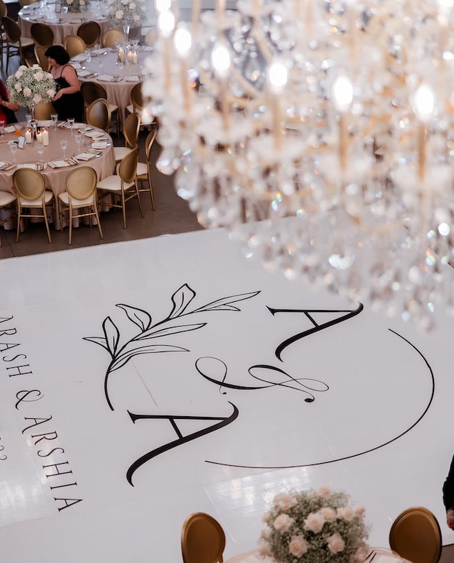 A custom black and white dance floor of the bride and groom's initials at their wedding reception.