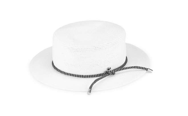White straw hat with a black tie.