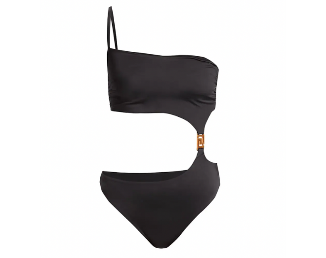 One shoulder cut out one piece black swimsuit.
