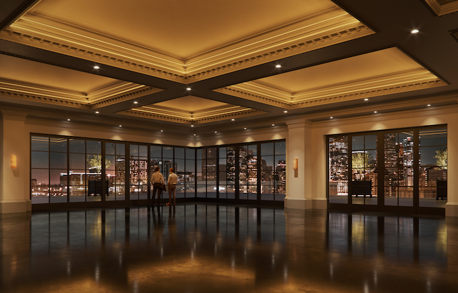 The ballroom of Le Tesserae has floor-to-ceiling windows overlooking downtown Houston and Buffalo Bayou Park.