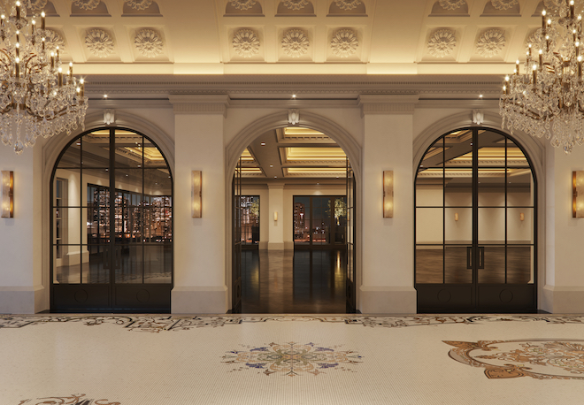 A rendering photo of the lobby leading into the ballroom with a hand-laid mosaic floor and chandeliers. 