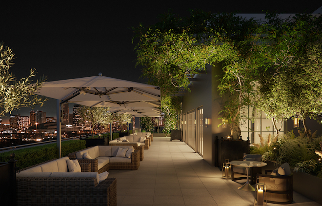 A rendering photo of the wrap-around balcony at Le Tesserae overlooks the city skyline.
