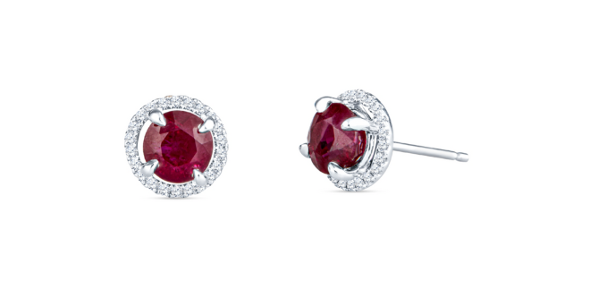 Ruby diamond halo stud earrings. 