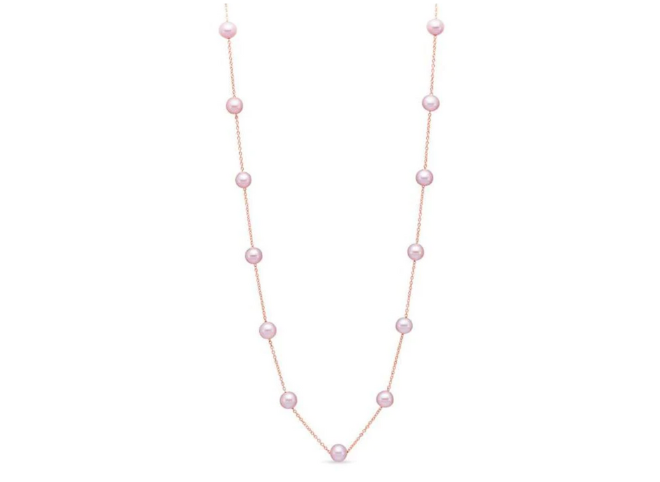 Rose gold pink pearl necklace. 