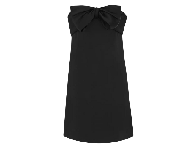 Black mini dress with a bow across the bust. 