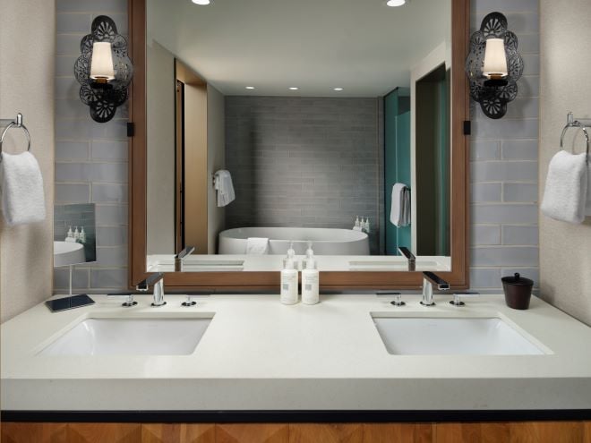 Fully renovated and modern bathrooms occupy the guest suites at The Plaza San Antonio Hotel & Spa.