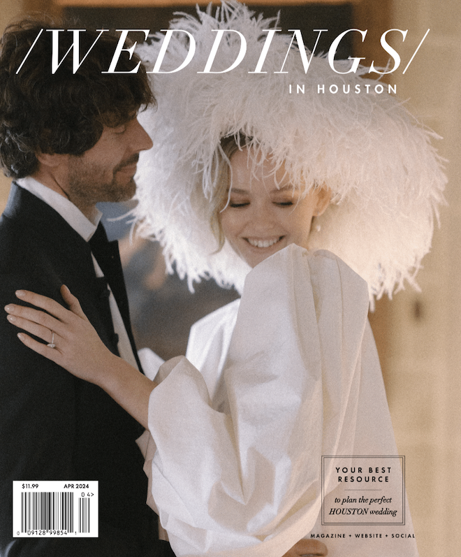 A bride and groom on the cover of the April 2024 issue of Weddings in Houston magazine. 
