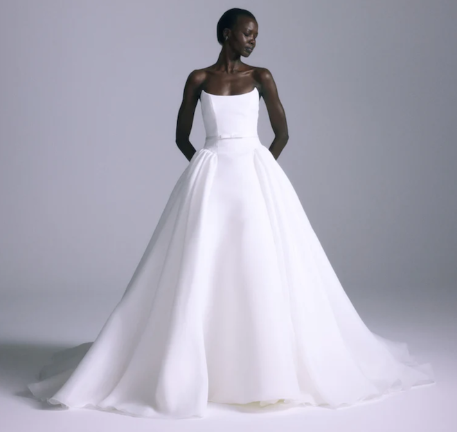 A strapless ballgown with a structured bodice. 