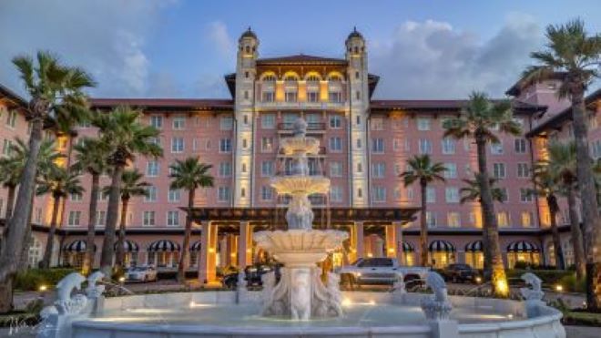 The exterior of the Grand Galvez hotel in Galveston, Texas.