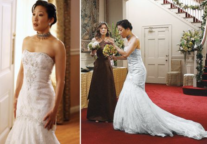Christina Yang from Grey's Anatomy wearing a strapless mermaid Amsale gown. 