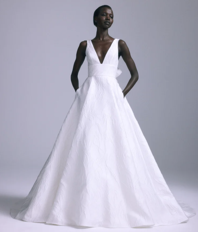 A jacquard sleeveless wedding gown by Amsale. 