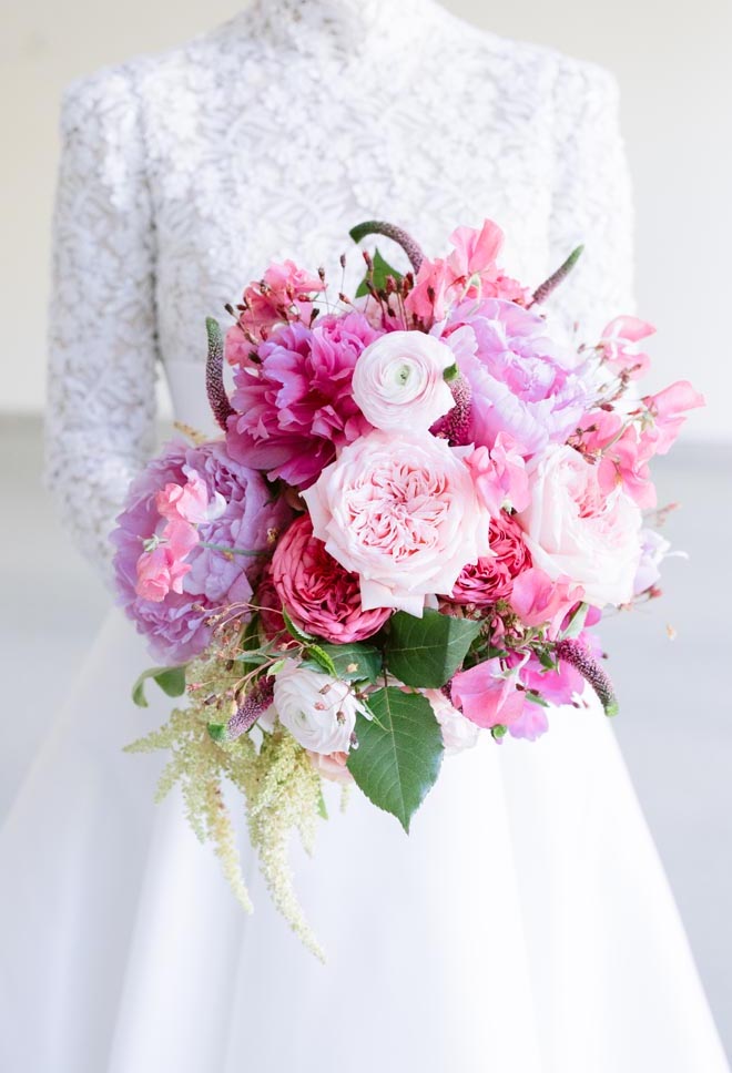 The bride's pink floral bouquet. 