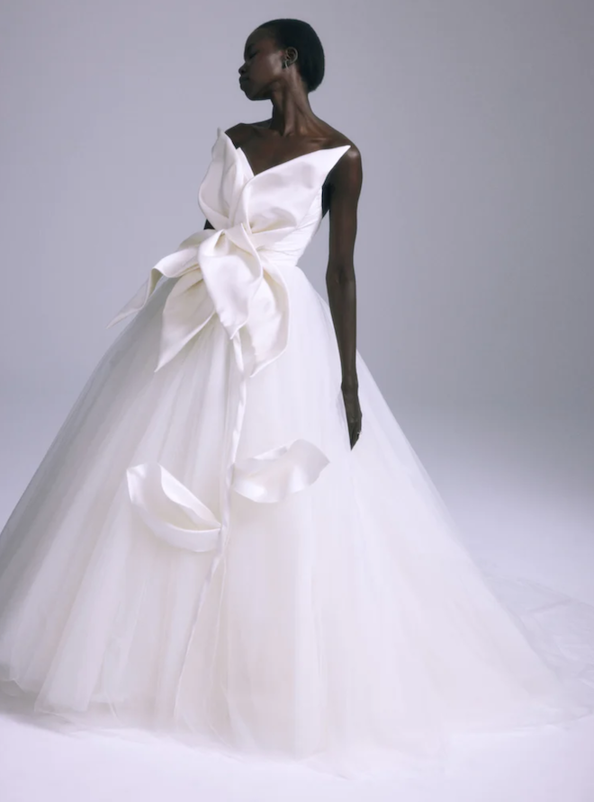 A satin and tulle Amsale wedding gown. 