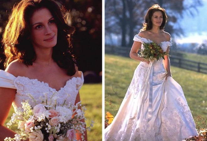 Two scenes from Runaway Bride with Julia Roberts wearing an off the shoulder Amsale gown. 