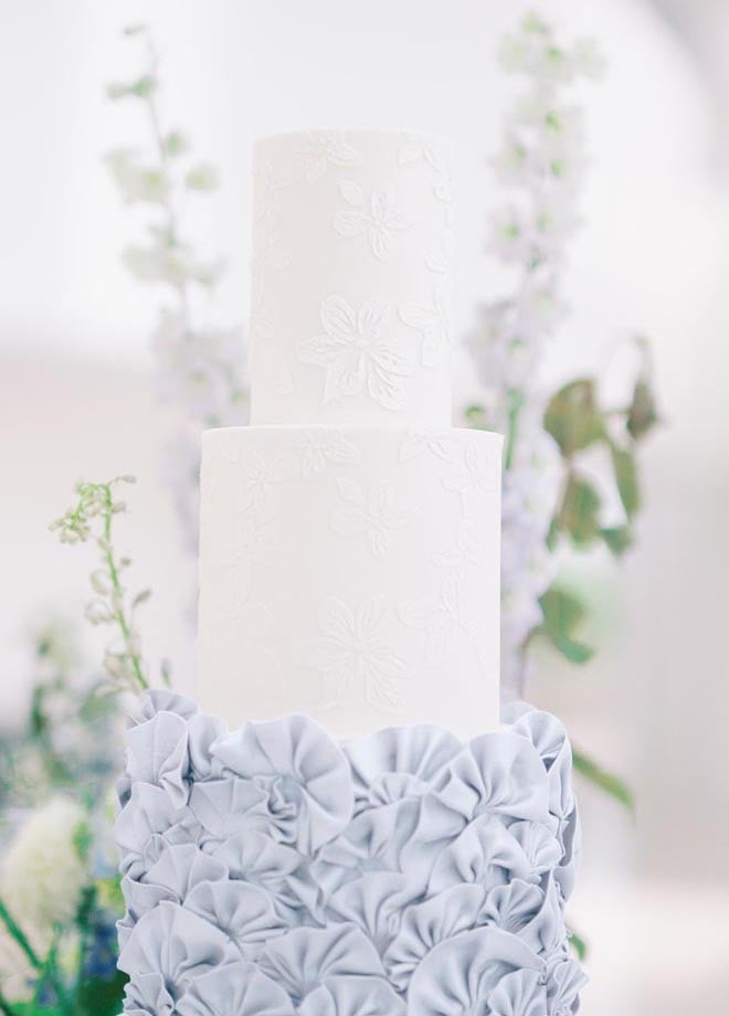 A three tier wedding cake with a bottom blue tier and two white tiers. 