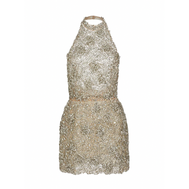 A bride after-party attires by Oscar de la Renta is crystal embellished halter cocktail dress.