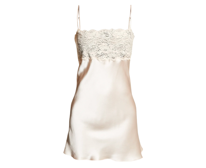 A beige satin chemise with lace at the top.