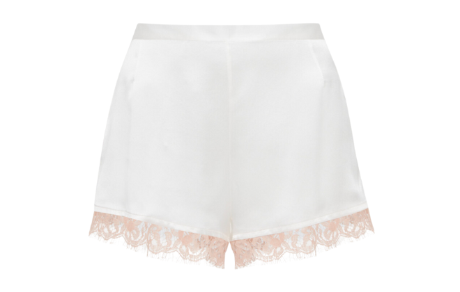 Pink satin shorts with pink lace trim