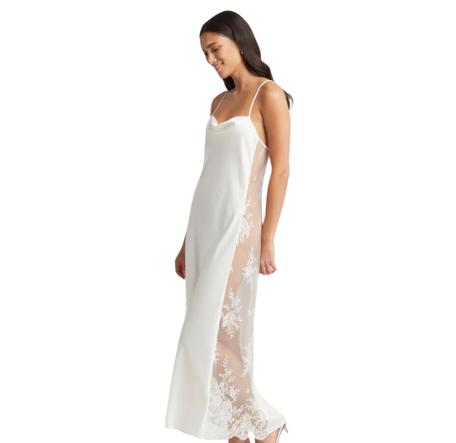 Silk long night gown with lace down the side. 