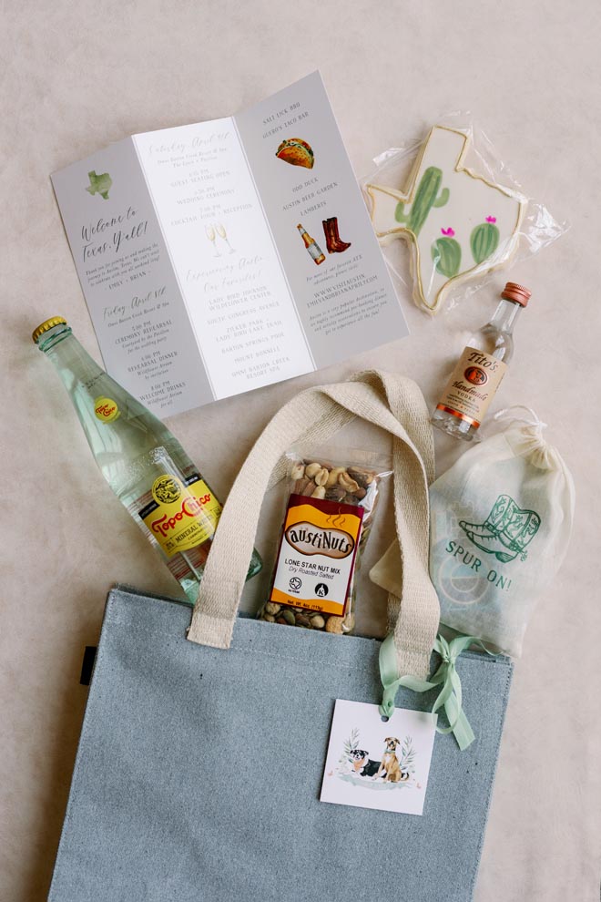 Wedding guests received party favors filled with snacks and alcohol. 