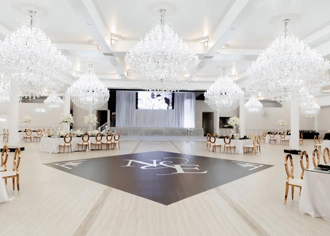 The Sans Souci Ballroom is decorated in black, white and gold accents.