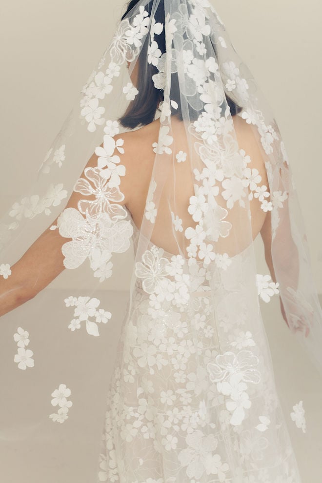 Detailed veil with scattered flowers embroidery throughout.