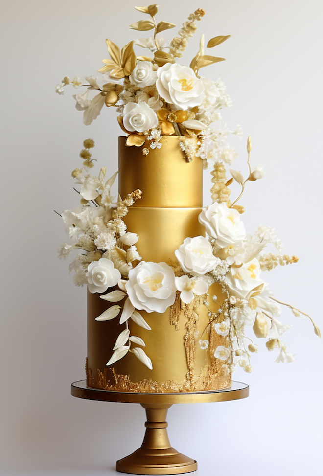 A gold three-tiered wedding cake is adorned in white florals. 