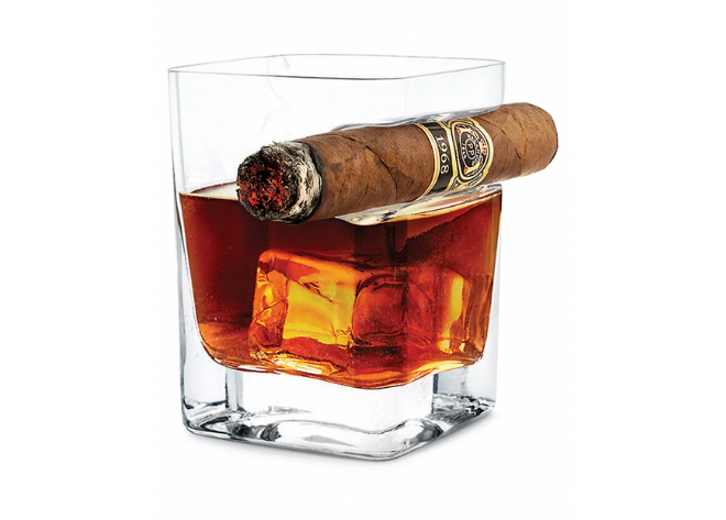 A glass with an indentation for a cigar. 
