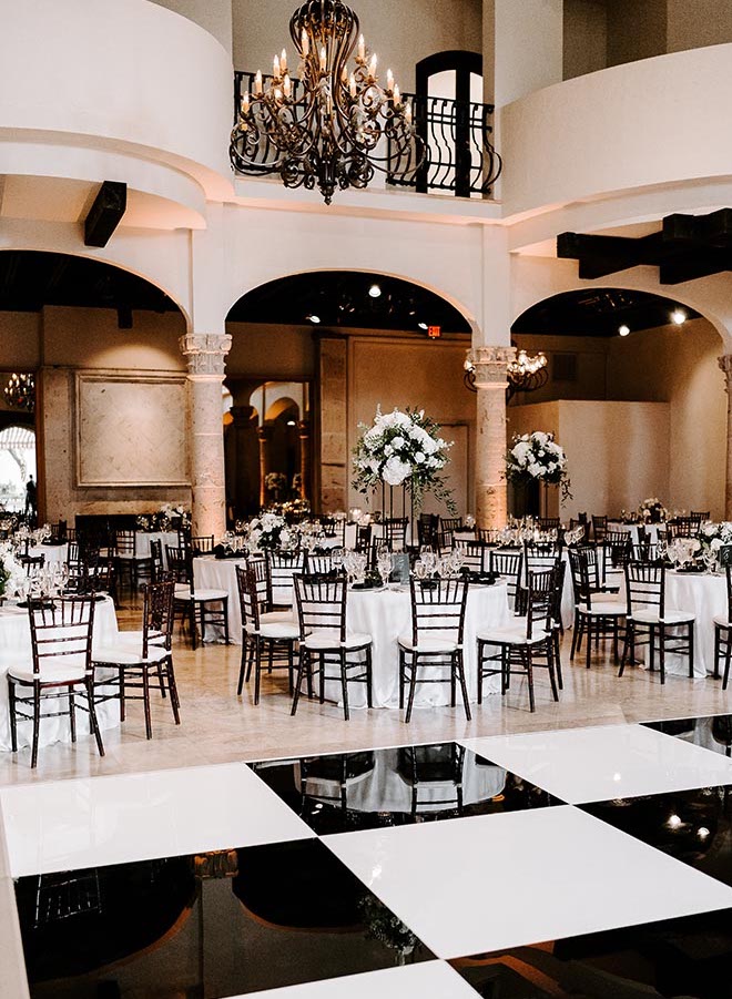 A black and white dancefloor and reception decor in The Bell Tower on 34th. 