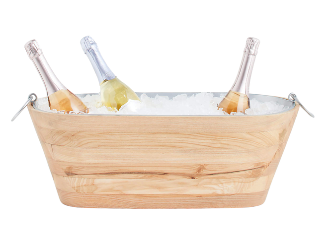 A wooden tub with ice and three bottles of wine it it. 