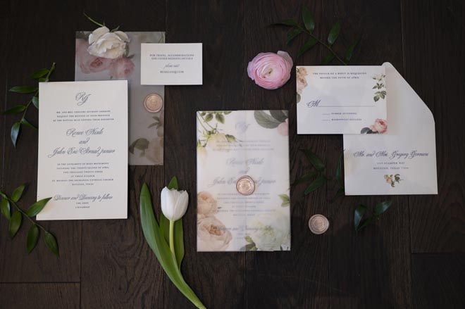 Wedding stationery and invitations from Bering's for the pink and navy ballroom wedding at the Omni Houston Hotel.