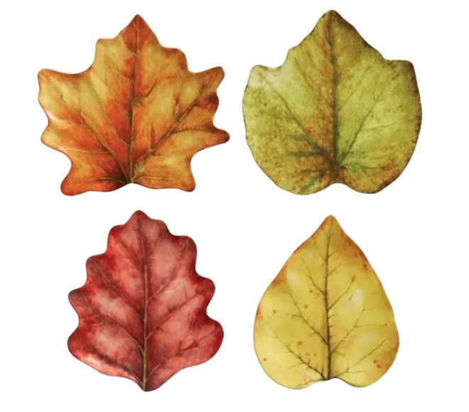 Four different leaf cocktail plates in fall colors.