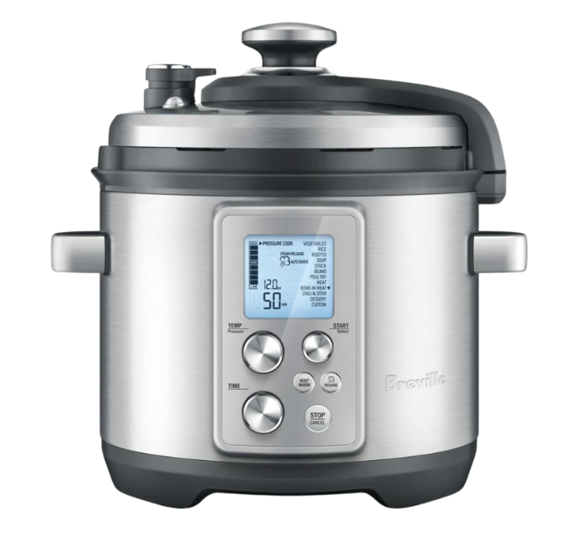 Stainless steel Breville pressure cooker.