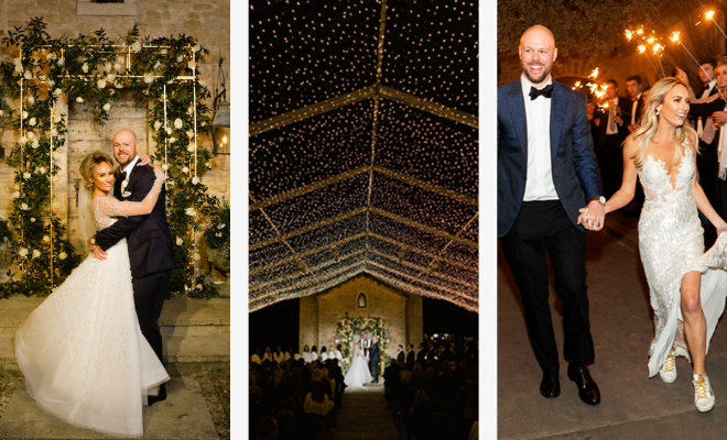 A three photo collage of the bride and groom, their wedding ceremony and leaving their wedding with guests waving sparklers behind them.