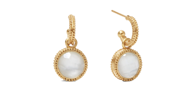 Gold earrings with an iridescent white charm in the center.
