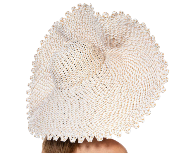A white giant shell straw hat. 
