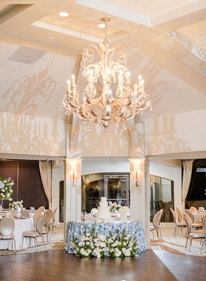 An elegant wedding with blue floral decor at the Pine Forest Country Club.