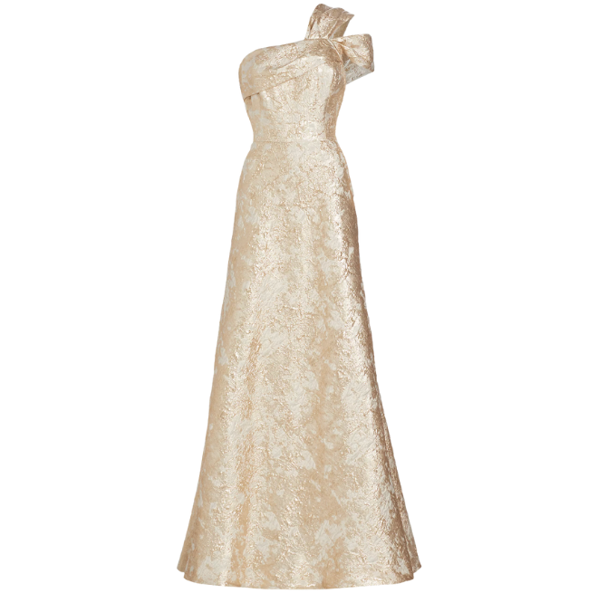 A one-shoulder gold gown by Teri Jon by Rickie Freeman. 