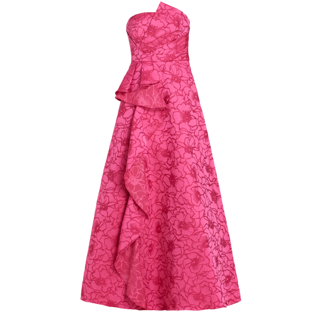 A pink, floral jacquard ballgown by Monique Lhuillier. 