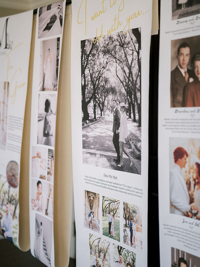 Photo displays of how the bride and grooms family members met are displayed at their wedding reception.