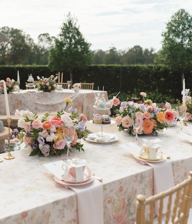 Floral print linens with bridgerton-inspired tablescape.