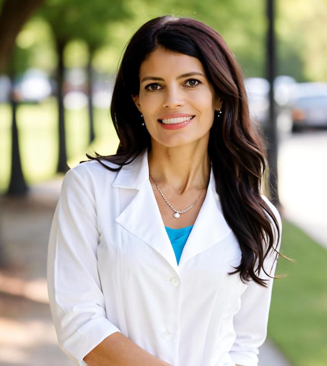 Doctor standing and smiling in white coat.