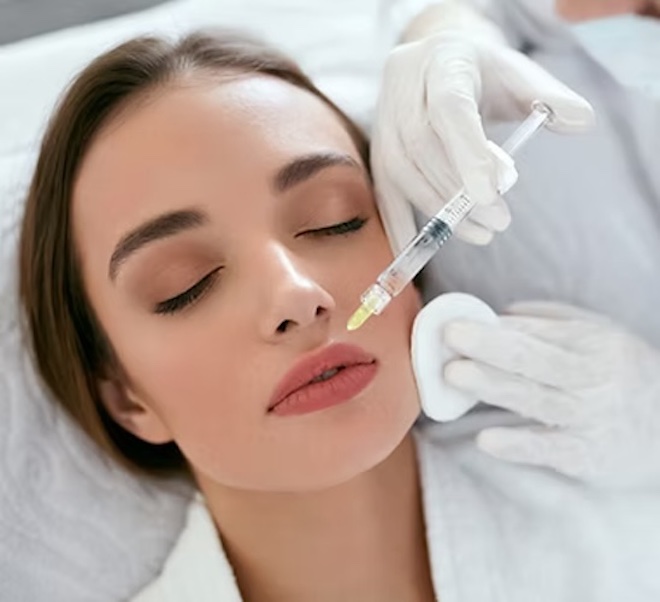 Close up of women patient receiving a filler injection on her upper lip by doctor. 