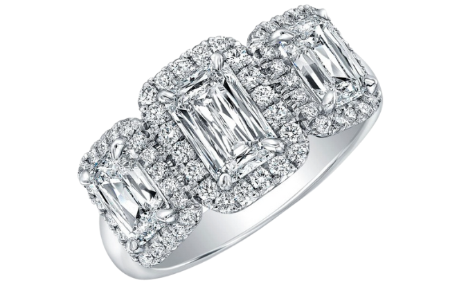 Three emerald diamonds Norman Silverman engagement ring from Deutsch Fine Jewelry. 