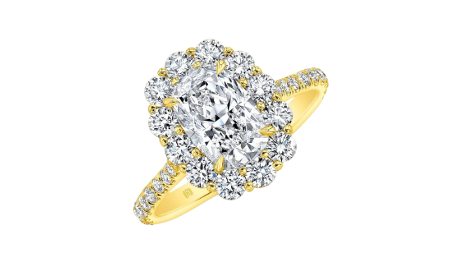 Yellow gold halo diamond ring from Deutsch Fine Jewelry. 